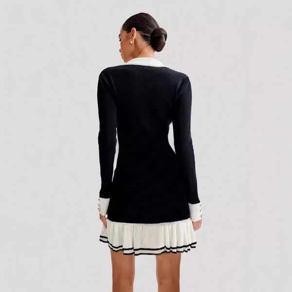 Women Fashion V-Neck Pearl Buckle Long Sleeve Ruffled Dress - Image 3