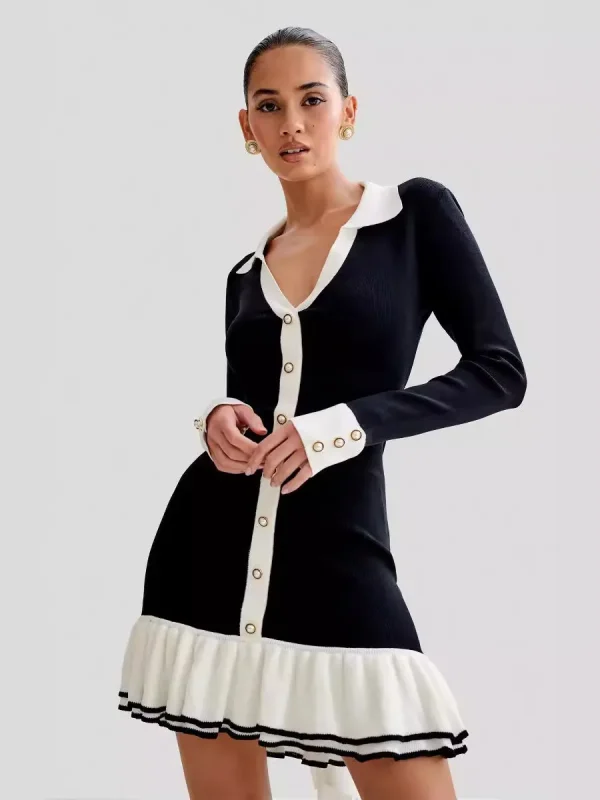 Women Fashion V-Neck Pearl Buckle Long Sleeve Ruffled Dress - Image 5