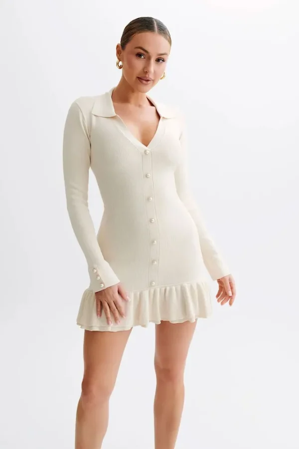 Women Fashion V-Neck Pearl Buckle Long Sleeve Ruffled Dress - Image 6
