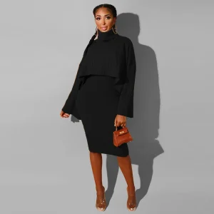 Autumn Winter Women Fashion High Collar Long Sleeve Sweater Dress Set