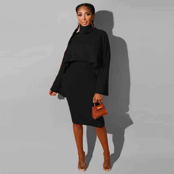 Autumn Winter Women Fashion High Collar Long Sleeve Sweater Dress Set