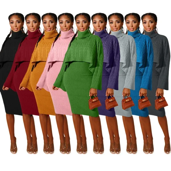 Autumn Winter Women Fashion High Collar Long Sleeve Sweater Dress Set - Image 2