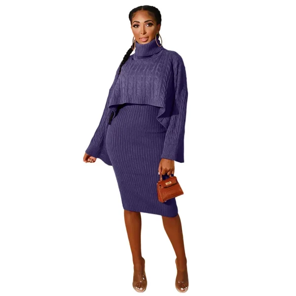 Autumn Winter Women Fashion High Collar Long Sleeve Sweater Dress Set - Image 3