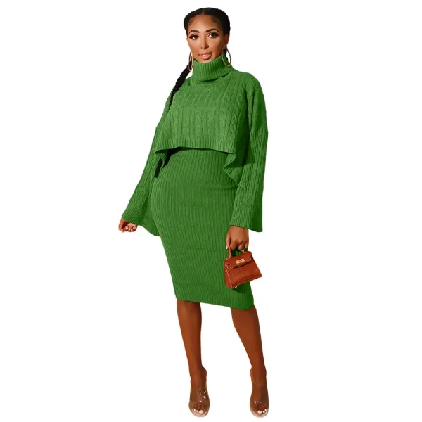 Autumn Winter Women Fashion High Collar Long Sleeve Sweater Dress Set - Image 4