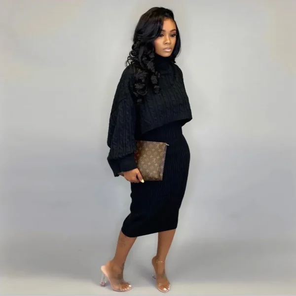Autumn Winter Women Fashion High Collar Long Sleeve Sweater Dress Set - Image 5