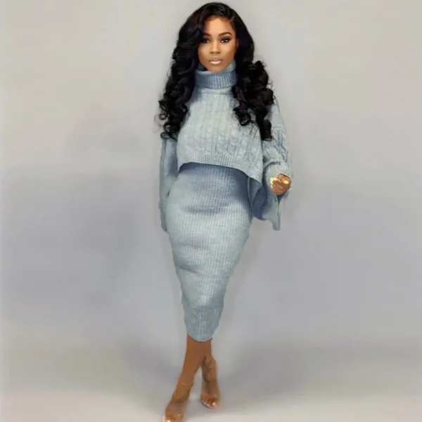 Autumn Winter Women Fashion High Collar Long Sleeve Sweater Dress Set - Image 8