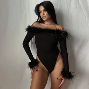 Women Fashion Sexy Feather Off Shoulder Long Sleeve Bodysuits