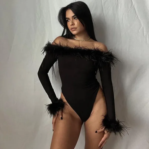 Women Fashion Sexy Feather Off Shoulder Long Sleeve Bodysuits