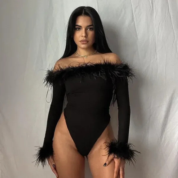Women Fashion Sexy Feather Off Shoulder Long Sleeve Bodysuits - Image 2