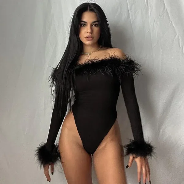 Women Fashion Sexy Feather Off Shoulder Long Sleeve Bodysuits - Image 3