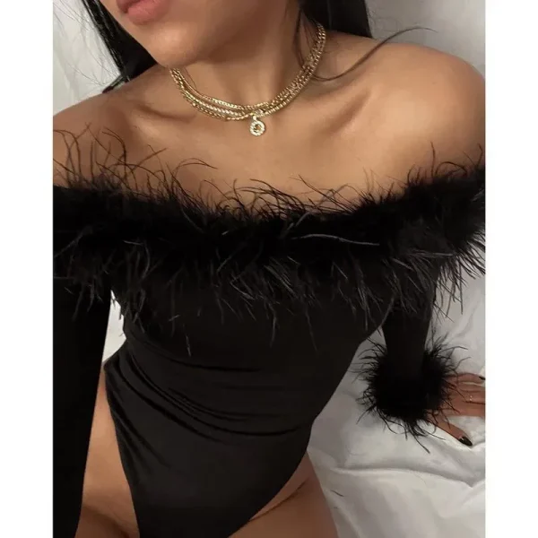 Women Fashion Sexy Feather Off Shoulder Long Sleeve Bodysuits - Image 4