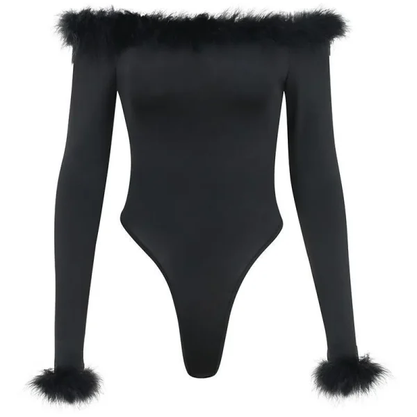 Women Fashion Sexy Feather Off Shoulder Long Sleeve Bodysuits - Image 5