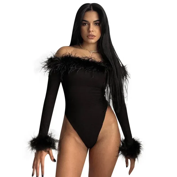 Women Fashion Sexy Feather Off Shoulder Long Sleeve Bodysuits - Image 6