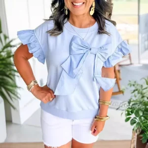 Women Sweet Bow Ruffle Sleeve Top Round Neck Blouse