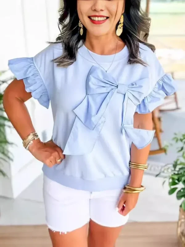 Women Sweet Bow Ruffle Sleeve Top Round Neck Blouse - Image 2