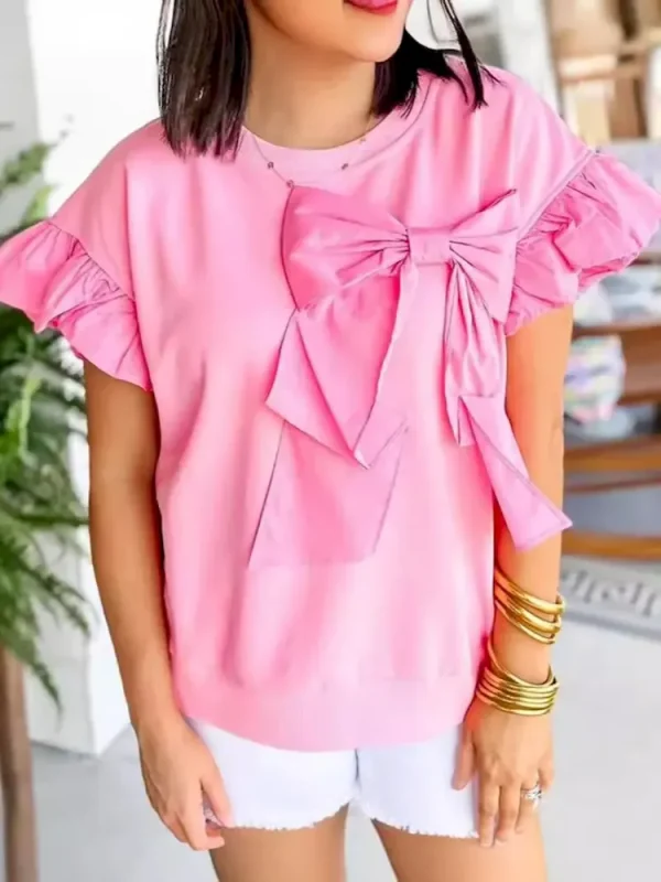 Women Sweet Bow Ruffle Sleeve Top Round Neck Blouse - Image 4