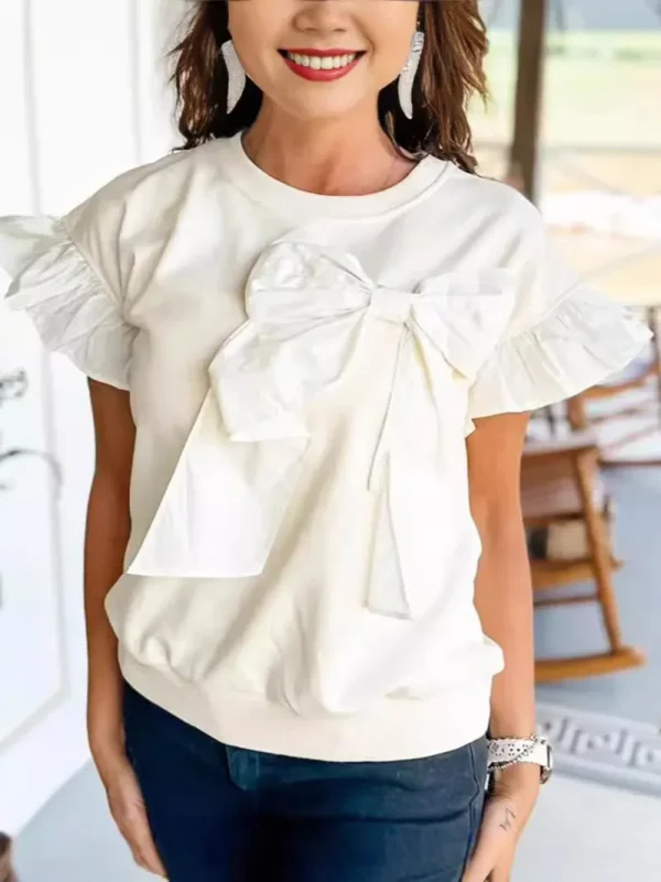 Women Sweet Bow Ruffle Sleeve Top Round Neck Blouse - Image 5