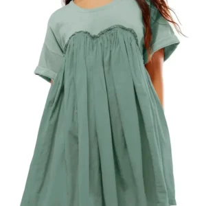 Women Pleated Large Swing Loose Short-Sleeved Casual Loose Dress