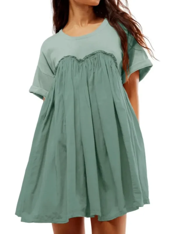 Women Pleated Large Swing Loose Short-Sleeved Casual Loose Dress