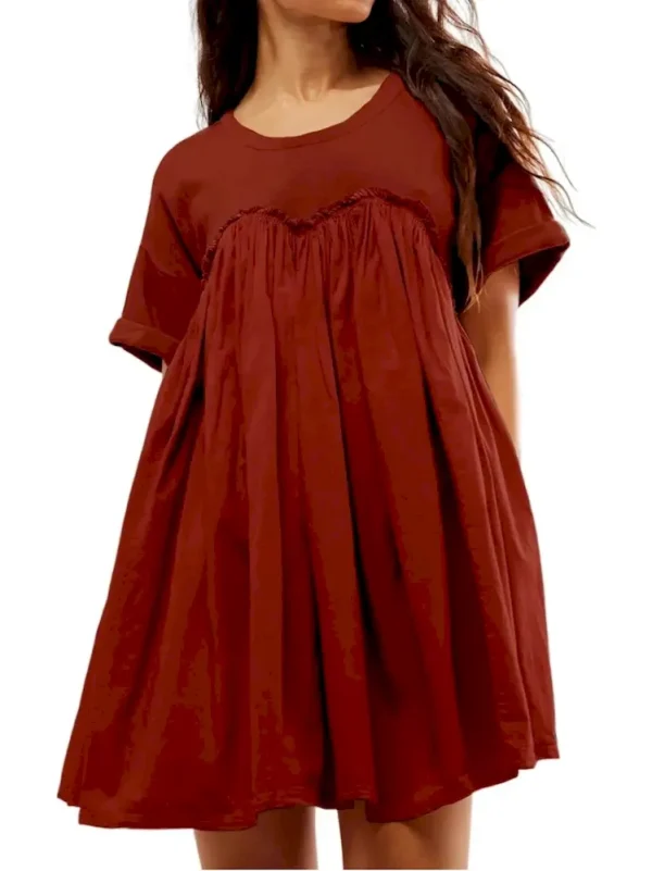 Women Pleated Large Swing Loose Short-Sleeved Casual Loose Dress - Image 2