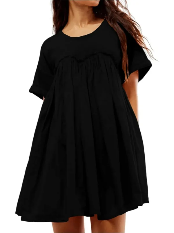 Women Pleated Large Swing Loose Short-Sleeved Casual Loose Dress - Image 3