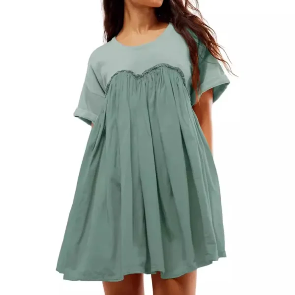 Women Pleated Large Swing Loose Short-Sleeved Casual Loose Dress - Image 6