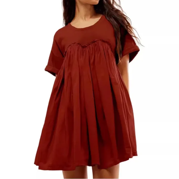 Women Pleated Large Swing Loose Short-Sleeved Casual Loose Dress - Image 7