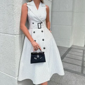 Spring Elegant Women Fashion Office Chic Stripe Sleeveless Blazer Collar Midi Dress