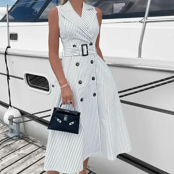 Spring Elegant Women Fashion Office Chic Stripe Sleeveless Blazer Collar Midi Dress - Image 3