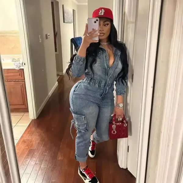 Women Fashion Autumn Winter Denim Jumpsuit Fashion Washed High Elastic Long Sleeve Jumpsuits