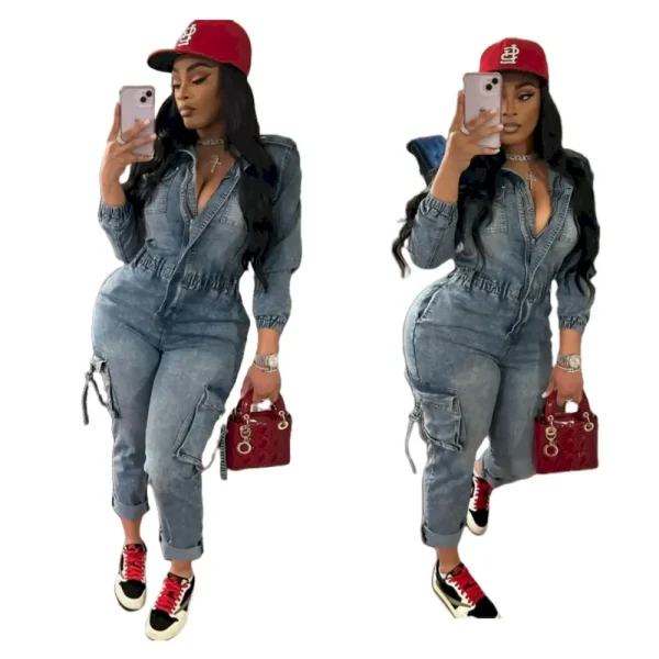 Women Fashion Autumn Winter Denim Jumpsuit Fashion Washed High Elastic Long Sleeve Jumpsuits - Image 2
