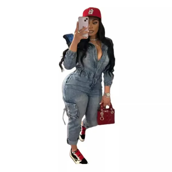 Women Fashion Autumn Winter Denim Jumpsuit Fashion Washed High Elastic Long Sleeve Jumpsuits - Image 3