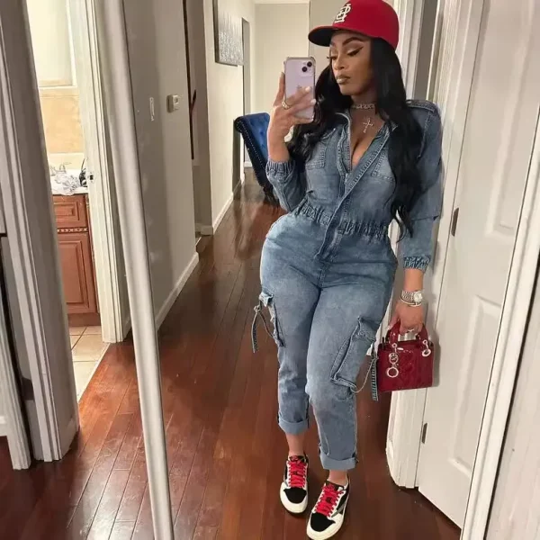 Women Fashion Autumn Winter Denim Jumpsuit Fashion Washed High Elastic Long Sleeve Jumpsuits - Image 4