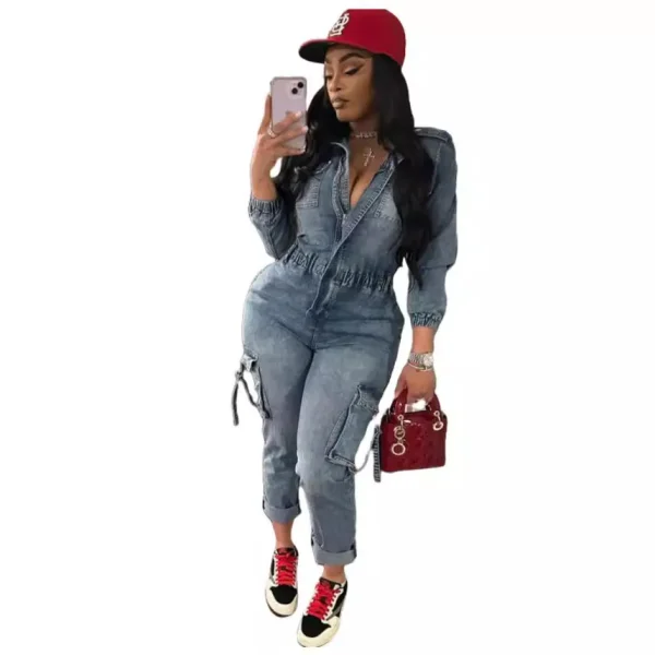 Women Fashion Autumn Winter Denim Jumpsuit Fashion Washed High Elastic Long Sleeve Jumpsuits - Image 5