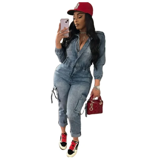 Women Fashion Autumn Winter Denim Jumpsuit Fashion Washed High Elastic Long Sleeve Jumpsuits - Image 6