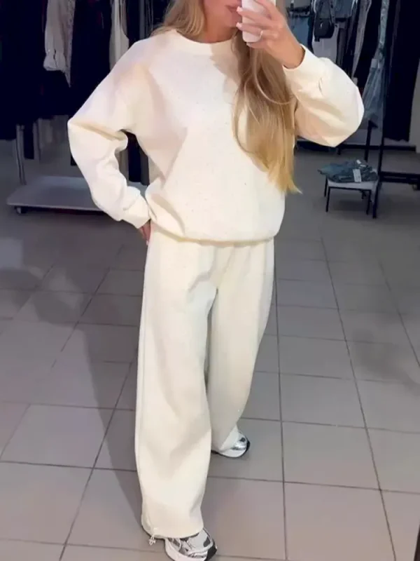 Autumn And Winter Women Athleisure Casual Crew Neck Long Sleeve Rhinestone Sweatshirt Pants Two-Piece Set - Image 2