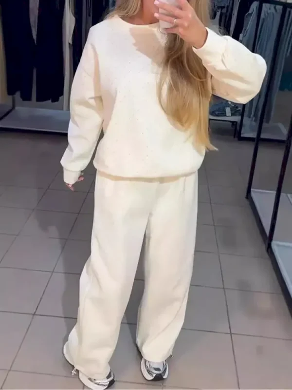 Autumn And Winter Women Athleisure Casual Crew Neck Long Sleeve Rhinestone Sweatshirt Pants Two-Piece Set - Image 3