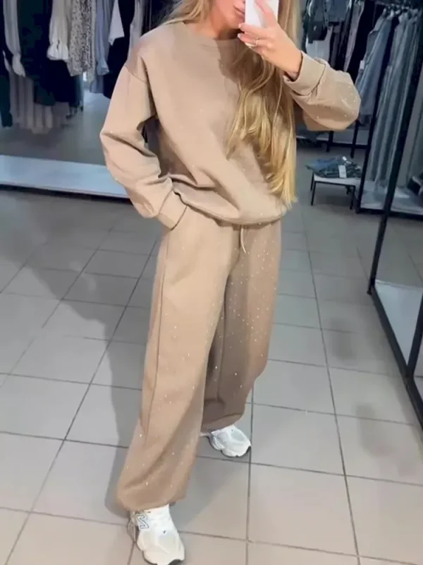 Autumn And Winter Women Athleisure Casual Crew Neck Long Sleeve Rhinestone Sweatshirt Pants Two-Piece Set - Image 4