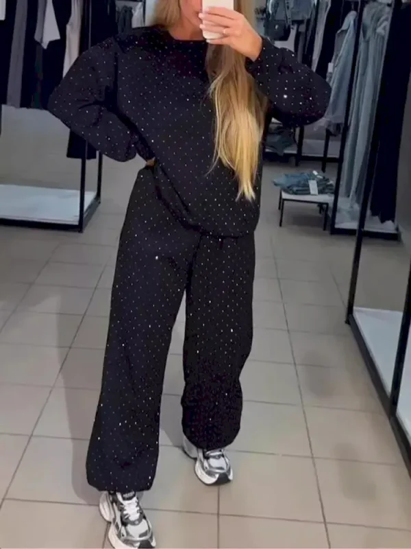 Autumn And Winter Women Athleisure Casual Crew Neck Long Sleeve Rhinestone Sweatshirt Pants Two-Piece Set - Image 5