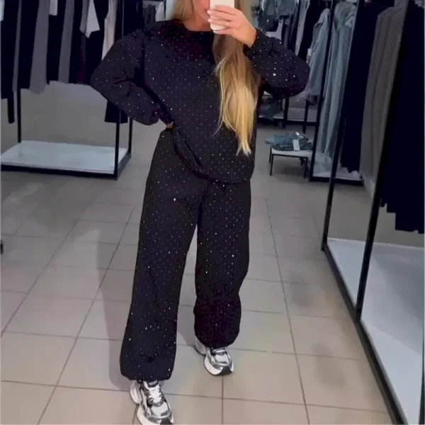 Autumn And Winter Women Athleisure Casual Crew Neck Long Sleeve Rhinestone Sweatshirt Pants Two-Piece Set - Image 6