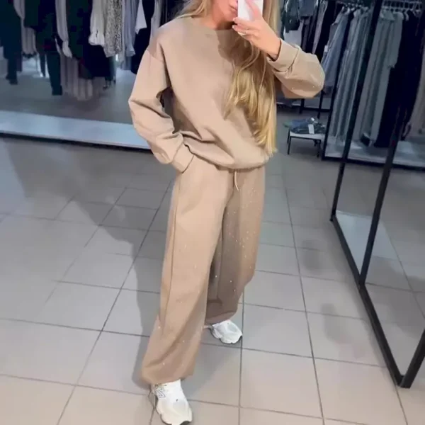 Autumn And Winter Women Athleisure Casual Crew Neck Long Sleeve Rhinestone Sweatshirt Pants Two-Piece Set - Image 8