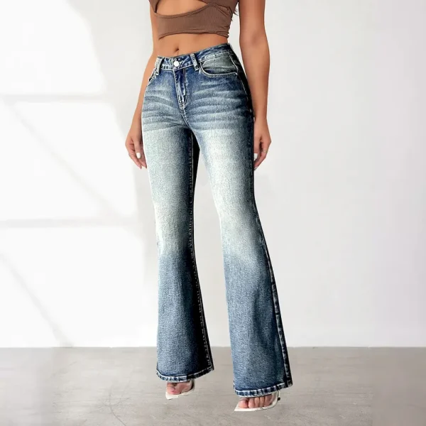 Women High Stretch Pocket Embroidered Vintage Jeans Slim Fit Flare Denim Pants - Image 2