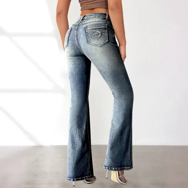 Women High Stretch Pocket Embroidered Vintage Jeans Slim Fit Flare Denim Pants - Image 4