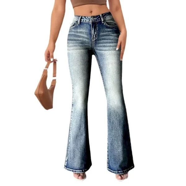 Women High Stretch Pocket Embroidered Vintage Jeans Slim Fit Flare Denim Pants - Image 5