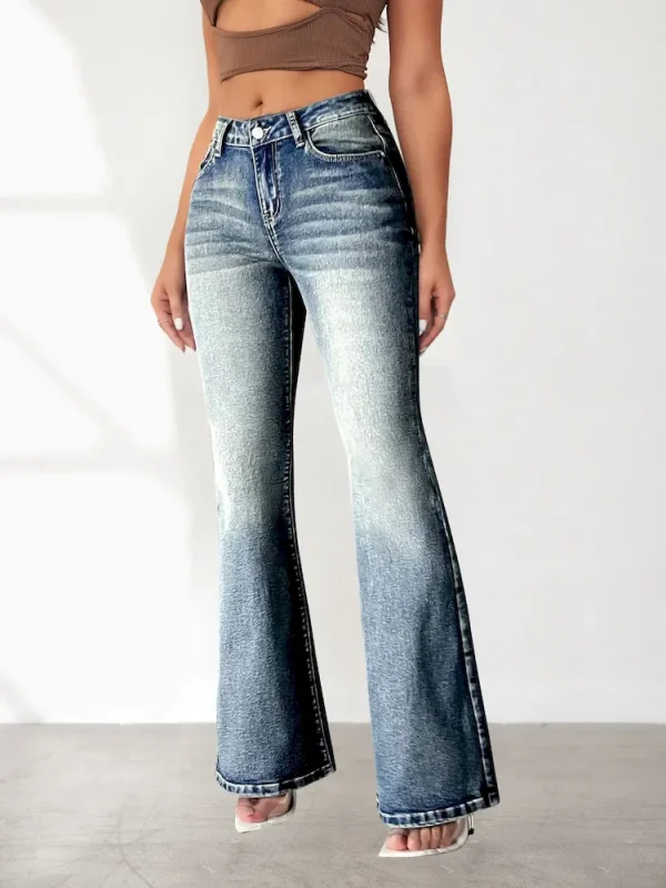Women High Stretch Pocket Embroidered Vintage Jeans Slim Fit Flare Denim Pants - Image 6
