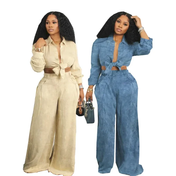 Autumn Women Long Sleeve Crop Shirt Blouse Casual Wide Leg Pants Set - Image 2