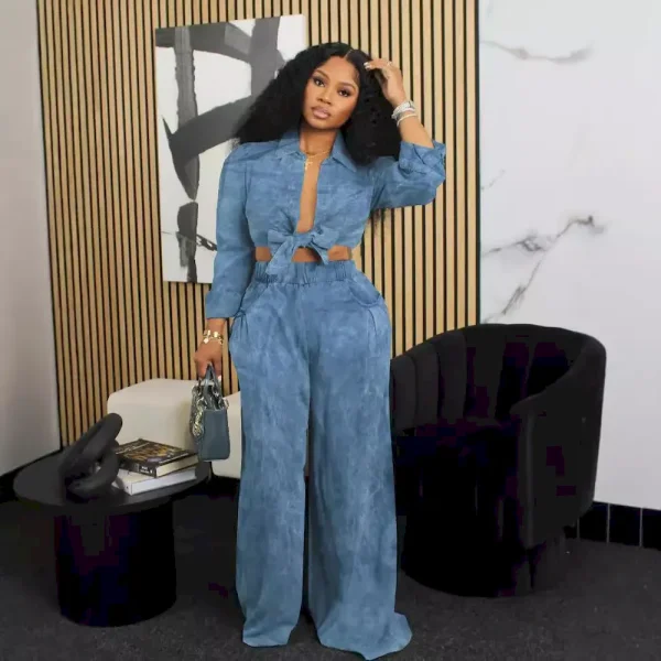 Autumn Women Long Sleeve Crop Shirt Blouse Casual Wide Leg Pants Set - Image 3