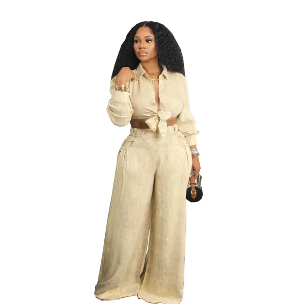 Autumn Women Long Sleeve Crop Shirt Blouse Casual Wide Leg Pants Set - Image 5