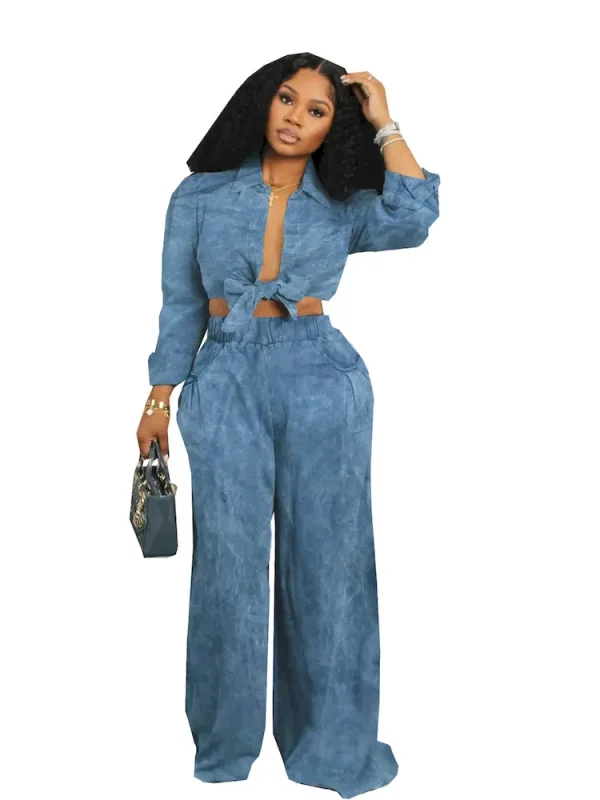 Autumn Women Long Sleeve Crop Shirt Blouse Casual Wide Leg Pants Set - Image 7