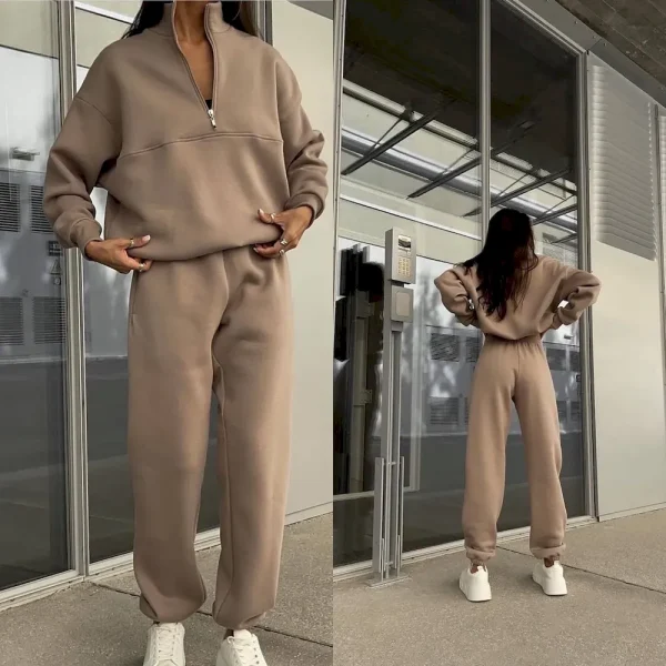 Long-Sleeved Half Zipper Stand Collar Sweatshirt Women Autumn And Winter Sports Pants Two-Piece Set - Image 2